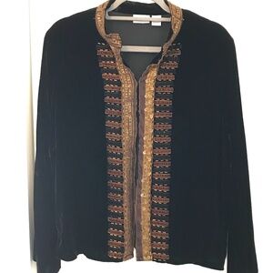 Vintage Chicos Velvet Beaded Jacket, Black, Brown & Gold, Size Chicos 2/US Large